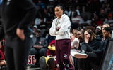 South Carolina Gamecocks head coach Dawn Staley watches the game in the second half of the NCAA Regional Final game at Legacy Arena in Birmingham Alabama, March 30, 2025. The Gamecocks won the game and will advance to the Final Four.