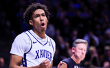 Mar 8, 2025; Cincinnati, Ohio, USA; Xavier Musketeers guard Dailyn Swain (3) reacts after a play against the Providence Friars in the first half at Cintas Center. Mandatory Credit: Katie Stratman-Imagn Images