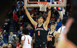 Dec 21, 2024; Newark, New Jersey, USA; Princeton Tigers guard Xaivian Lee (1) celebrates a win over Rutgers Scarlet Knights at Prudential Center. Mandatory Credit: Tom Horak-Imagn Images