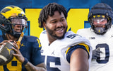 Michigan Wolverines football quarterback Bryce Underwood and defensive tackles Rayshaun Benny and Tré Williams.