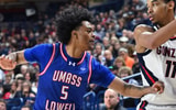 UMass Lowell guard Martin Somerville plays defense this past season against Gonzaga. He is expected to visit FSU this week. (James Snook/Imagn Images)