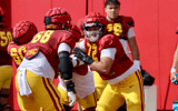 USC offensive linemen during a spring ball practice with the Trojans