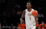 Mar 11, 2025; Charlotte, NC, USA; Florida State Seminoles guard Jamir Watkins (1) brings the ball up court against the Syracuse Orange during the second half at Spectrum Center. Mandatory Credit: Jim Dedmon-Imagn Images
