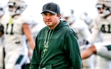 Michigan State football head coach Jonathan Smith looks on during practice on Tuesday, April 8, 2025, in East Lansing. - Nick King, USA TODAY Sports