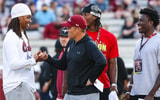South Carolina head coach Shane Beamer with Tamarion Watkins, J'Zavien Currence, and Joshua Dobson (Photo:: Katie Dugan | GamecockCentral.com)