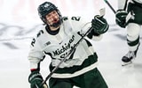 Michigan State's Isaac Howard celebrates his goal against Notre Dame during the third period in the Big Ten tournament on Saturday, March 15, 2025, at Muni Arena in East Lansing. - Nick King, USA TODAY Sports