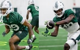 LEFT: Michigan State wide receiver Austin Clay (photo by Dane Robison for SpartanMag.com). RIGHT: Michigan State wide receiver Jaylan Brown (photo courtesy of @MSU_Football on Twitter).
