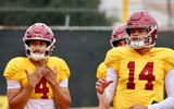 USC QBs Husan Longstreet (4) and Jayden Maiava (14)