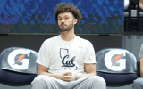 Jan 10, 2024; Berkeley, California, USA; California Golden Bears guard Devin Askew (55) sits on the sidelines before the game against the Colorado Buffaloes at Haas Pavilion. Mandatory Credit: Darren Yamashita-Imagn Images