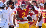 USC Trojans cornerback Jaylin Smith (2) reacts after intercepting a pass against the Nebraska Cornhuskers during the first half at the Los Angeles Memorial Coliseum