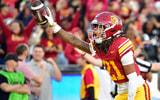 USC Trojans cornerback Greedy Vance Jr. (21) celebrates after intercepting a pass against Nebraska Cornhuskers quarterback Dylan Raiola (15) for the game victory at the Los Angeles Memorial Coliseum