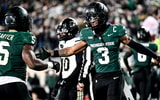 Michigan State's Montorie Foster Jr., right, celebrates with Nathan Carter, left, after Carter's touchdown against Purdue during the second quarter on Friday, Nov. 22, 2024, at Spartan Stadium - Nick King, USA TODAY Sports