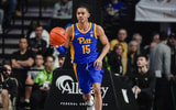 Feb 1, 2025; Winston-Salem, North Carolina, USA; Pittsburgh Panthers guard Jaland Lowe (15) brings the ball up court during the second half against the Wake Forest Demon Deacons at Lawrence Joel Veterans Memorial Coliseum. Mandatory Credit: Jim Dedmon-Imagn Images
