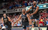 La Familia's Andrew Harrison (5) celebrates shooting the game winning point winning the quarterfinals against The Ville for TBT on Monday, July 29, 2024 at Freedom Hall in Louisville, Ky. - © Clare Grant/Courier Journal / USA TODAY NETWORK