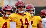USC quarterbacks Jayden Maiava, Husan Longstreet and Sam Huard at a spring practice with the Trojans