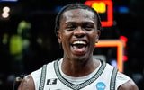 Michigan State forward Coen Carr (55) celebrates 71-63 win over New Mexico at the Second Round of NCAA tournament at Rocket Arena in Cleveland, Ohio on Sunday, March 23, 2025. - Junfu Han, USA TODAY Sports