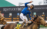 Junior Alvarado celebrates a Kentucky Derby win on Sovereignty, via Jeff Faughender:Courier Journal : USA TODAY NETWORK via Imagn Images