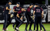 Bellarmine baseball celebrates a win over Louisville, via John Somers II, BU Athletics