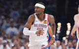 May 13, 2025; Oklahoma City, Oklahoma, USA; Oklahoma City Thunder guard Shai Gilgeous-Alexander (2) runs down the court for a play against the Denver Nuggets during the first quarter of game five of the second round for the 2025 NBA Playoffs at Paycom Center. Mandatory Credit: Alonzo Adams-Imagn Images