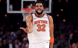 May 16, 2025; New York, New York, USA; New York Knicks center Karl-Anthony Towns (32) celebrates his three point shot against the Boston Celtics during the first quarter of game six in the second round of the 2025 NBA Playoffs at Madison Square Garden. Mandatory Credit: Brad Penner-Imagn Images