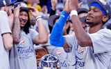 May 28, 2025; Oklahoma City, Oklahoma, USA; Oklahoma City Thunder guard Shai Gilgeous-Alexander (2) signals to the fans after defeating the Minnesota Timberwolves in game five to win the western conference finals for the 2025 NBA Playoffs at Paycom Center. Mandatory Credit: Alonzo Adams-Imagn Images