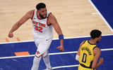 May 29, 2025; New York, New York, USA; New York Knicks center Karl-Anthony Towns (32) reacts in the second quarter against the Indiana Pacers during game five of the eastern conference finals for the 2025 NBA Playoffs at Madison Square Garden. Mandatory Credit: Brad Penner-Imagn Images