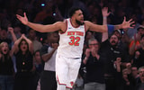 May 29, 2025; New York, New York, USA; New York Knicks center Karl-Anthony Towns (32) reacts in the first quarter against the Indiana Pacers during game five of the eastern conference finals for the 2025 NBA Playoffs at Madison Square Garden. Mandatory Credit: Brad Penner-Imagn Images