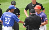 University of Kentucky Head Coach Nick Mingione and Clemson Head Coach Erik Bakich shake hands before the NCAA baseball Clemson Regional at Doug Kingsmore Stadium in Clemson, S.C. Sunday, June 1, 2025.