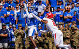 Sep 17, 2022; Lexington, Kentucky, USA; Kentucky Wildcats wide receiver Chris Lewis (89) catches a pass in the end zone for a touchdown during the second quarter against the Youngstown State Penguins at Kroger Field. Mandatory Credit: Jordan Prather-Imagn Images