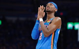 May 22, 2025; Oklahoma City, Oklahoma, USA; Oklahoma City Thunder guard Shai Gilgeous-Alexander (2) reacts after a play against the Minnesota Timberwolves in the third quarter during game two of the western conference finals for the 2025 NBA Playoffs at Paycom Center. Mandatory Credit: Alonzo Adams-Imagn Images