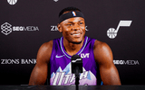 Sep 30, 2024; Salt Lake City, USA; Utah Jazz forward Oscar Tshiebwe (44) talks to the media during media day at Zions Bank Basketball Campus. Mandatory Credit: Utah Jazz via Imagn Images