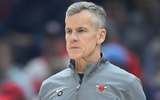 Apr 8, 2025; Cleveland, Ohio, USA; Chicago Bulls head coach Billy Donovan stands on the court in the first quarter against the Cleveland Cavaliers at Rocket Arena. Mandatory Credit: David Richard-Imagn Images