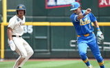 Jun 14, 2025; Omaha, Neb, USA; UCLA Bruins shortstop Roch Cholowsky (1) completes a double play as Murray State Races left fielder Dan Tauken (37) is out at second base during the second inning at Charles Schwab Field. Mandatory Credit: Steven Branscombe-Imagn Images