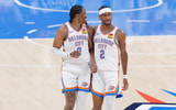 Jun 16, 2025; Oklahoma City, Oklahoma, USA; Oklahoma City Thunder forward Jalen Williams (8) and guard Shai Gilgeous-Alexander (2) walk back up the court in the first quarter against the Indiana Pacers during game five of the 2025 NBA Finals at Paycom Center. Mandatory Credit: Alonzo Adams-Imagn Images