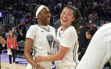 Golden State Valkyries guards Bree Hall (center left) and Kaitlyn Chen (center right) celebrate after defeating the Connecticut Sun at Chase Center. Mandatory Credit: Darren Yamashita-Imagn Images