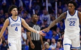 Dec 11, 2024; Lexington, Kentucky, USA; Kentucky Wildcats center Amari Williams (22) fives guard Koby Brea (4) during the second half against the Colgate Raiders at Rupp Arena at Central Bank Center. Mandatory Credit: Jordan Prather-Imagn Images