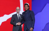 South Carolina basketball star Collin Murray-Boyles shaking NBA commissioner Adam Silver's hand after being drafted by the Toronto Raptors with the No. 9 overall pick. Photo by: Brad Penner-Imagn Images