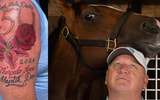 Kenny McPeek posed with Mystik Dan after his Kentucky Derby win, what does he think of his new tattoo? (Image on right via Clare Grant-USA TODAY NETWORK via Imagn Images)
