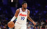 Apr 5, 2025; Philadelphia, Pennsylvania, USA; Philadelphia 76ers forward Justin Edwards (19) controls the ball against the Minnesota Timberwolves in the first quarter at Wells Fargo Center. Mandatory Credit: Kyle Ross-Imagn Images