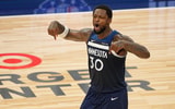 May 24, 2025; Minneapolis, Minnesota, USA; Minnesota Timberwolves forward Julius Randle (30) reacts against the Oklahoma City Thunder during the second half in game three of the western conference finals for the 2025 NBA Playoffs at Target Center. Mandatory Credit: Brad Rempel-Imagn Images