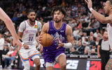 Apr 11, 2025; Salt Lake City, Utah, USA; Utah Jazz guard Johnny Juzang (33) looks to past the ball during the second half against the Oklahoma City Thunder at Delta Center. Mandatory Credit: Chris Nicoll-Imagn Images