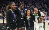 Golden State Valkyries guard Bree Hall (21) and forward Laeticia Amihere (3) pose for a photo with South Carolina Gamecocks women's basketball head coach Dawn Staley and Seattle Storm guard Zia Cooke (7) after the game at Chase Center. Mandatory Credit: Darren Yamashita-Imagn Images