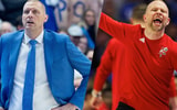 Kentucky basketball coach Mark Pope and Louisville basketball coach Pat Kelsey at the 2024 Battle of the Bluegrass game. © Clare Grant & Jordan Prather / USA TODAY NETWORK via Imagn Images