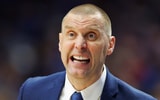 Jan 14, 2025; Lexington, Kentucky, USA; Kentucky Wildcats head coach Mark Pope talks to his players during the second half against the Texas A&M Aggies at Rupp Arena at Central Bank Center. Mandatory Credit: Jordan Prather-Imagn Images