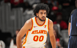 Apr 13, 2025; Atlanta, Georgia, USA; Atlanta Hawks forward Jacob Toppin (00) on the court during the game against the Orlando Magic during the second half at State Farm Arena. Mandatory Credit: Dale Zanine-Imagn Images