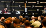 Ohio State coach Ryan Day, Notre Dame coach Marcus Freeman and the National Championship Trophy