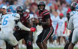 Ole Miss linebacker TJ Dottery looking to bring pressure against South Carolina quarterback LaNorris Sellers. Photo credit: CJ Driggers | GamecockCentral