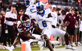 Nov 4, 2023; Starkville, Mississippi, USA;Mississippi State Bulldogs wide receiver Zavion Thomas (1) dives for the endzone while defended by Kentucky Wildcats defensive back Jonquis Hardaway (6) during the fourth quarter at Davis Wade Stadium at Scott Field. Mandatory Credit: Matt Bush-Imagn Images
