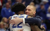Mark Pope embraces Amari Williams on Senior Night at Rupp Arena - Photo by Dr. Michael Huang, Kentucky Sports Radio