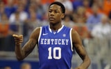 February 12, 2013; Gainesville, FL, USA; Kentucky Wildcats guard Archie Goodwin (10) reacts after he dunked the ball against the Florida Gators during the first half at the Stephen C. O'Connell Center. Mandatory Imagn Images